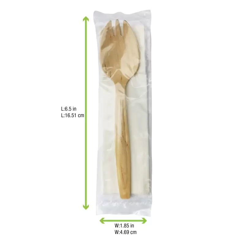 PacknWood Wooden Spork Individually Wrapped With Napkin - 5.7'' - 250 pcs