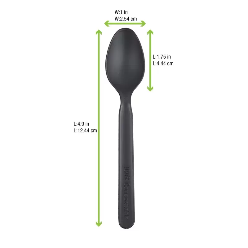 PacknWood Compostable & Heat Proof Corn - Black Spoon - 5'' - 2000 pcs