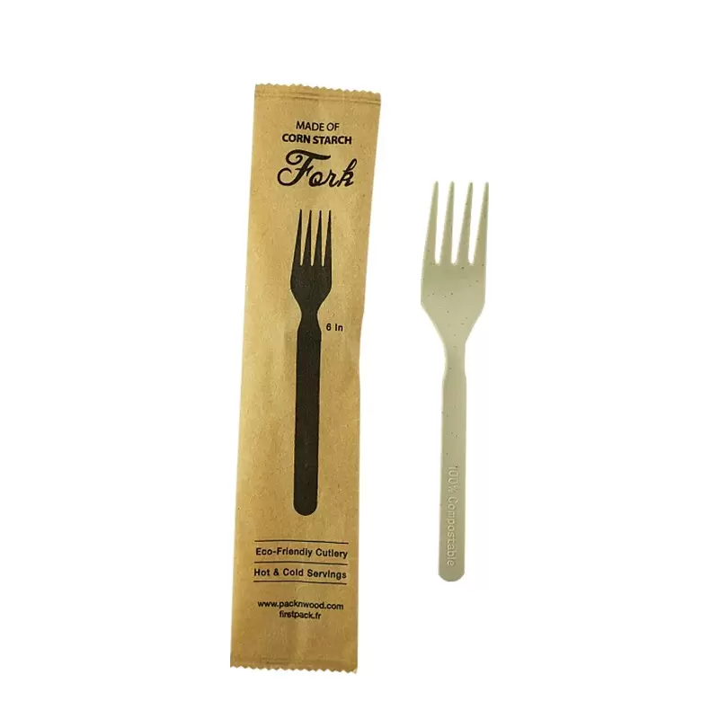 PacknWood Compostable & Heat Proof Corn - Bamboo Fiber Fork Individually Wrapped '' A Paper Wrapper - 6'' - 500 pcs