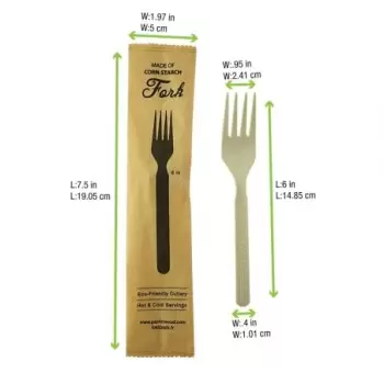 PacknWood Compostable & Heat Proof Corn - Bamboo Fiber Fork Individually Wrapped '' A Paper Wrapper - 6'' - 500 pcs