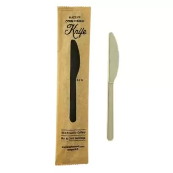 PacknWood Compostable & Heat Proof Corn - Bamboo Fiber Knife Individually Wrapped '' A Paper Wrapper - 6'' - 500 pcs