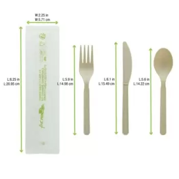 PacknWood Compostable Bamboo Fiber 3-1 Cutlery Kit With Compostable Bag (Knife, Fork, Spoon, Napkin) - 6'' - 500 pcs