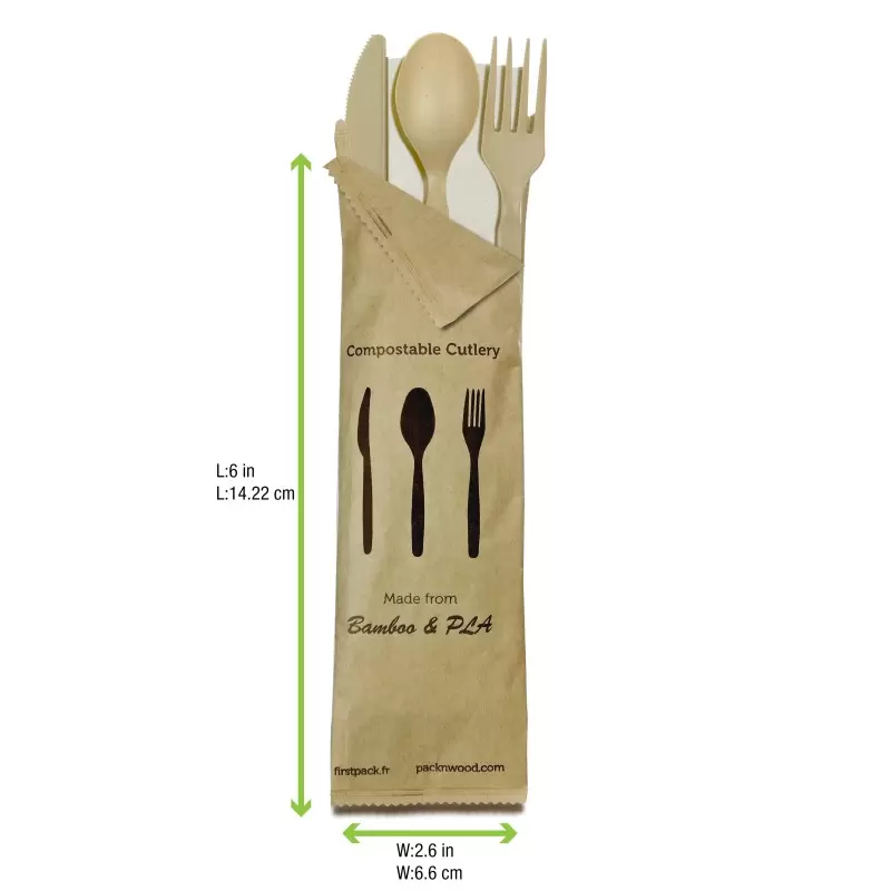 PacknWood Compostable Bamboo Fiber 4-1 Cutlery Kit With Kraft Bag (Knife, Fork, Spoon, Napkin) - 6'' - 250 pcs