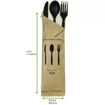 PacknWood Compostable Black 4-1 Cutlery Kit With Kraft Bag (Knife, Fork, Spoon, Napkin) - 6'' - 250 pcs