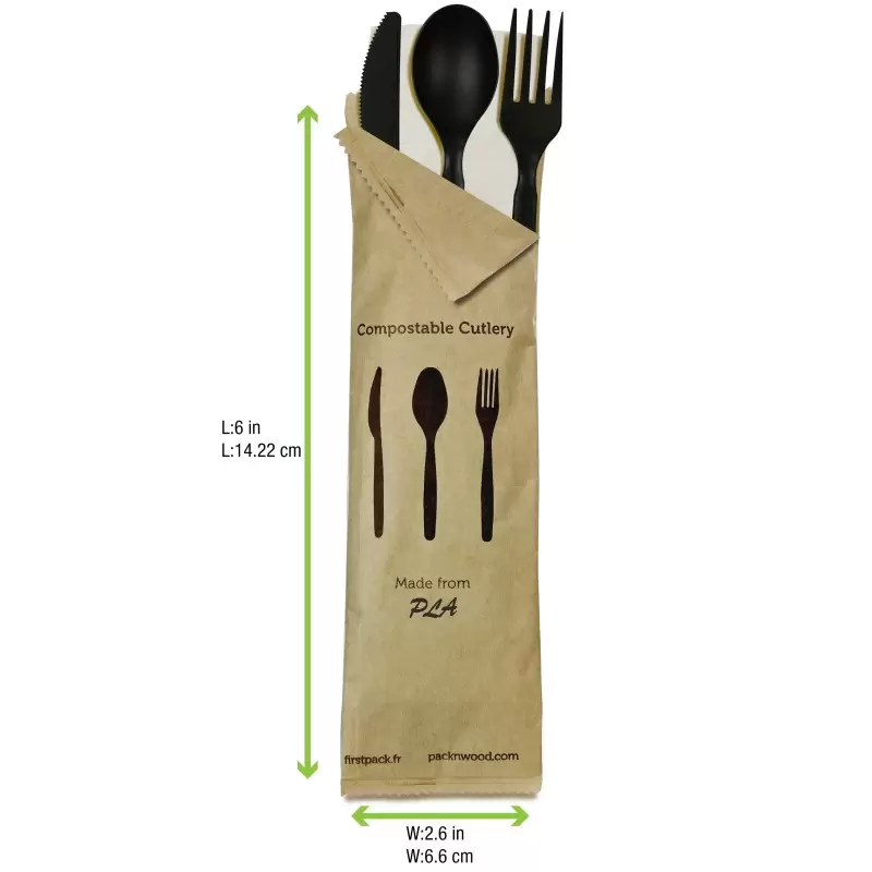 PacknWood Compostable Black 4-1 Cutlery Kit With Kraft Bag (Knife, Fork, Spoon, Napkin) - 6'' - 250 pcs