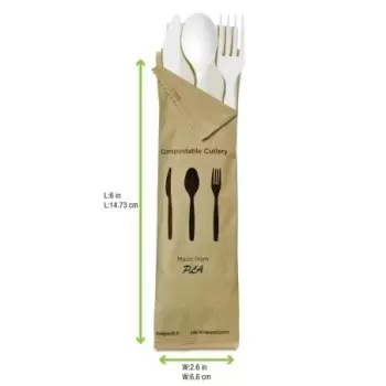 PacknWood Compostable White 4-1 Cutlery Kit With Kraft Bag (Knife, Fork, Spoon, Napkin) - 6'' - 250 pcs