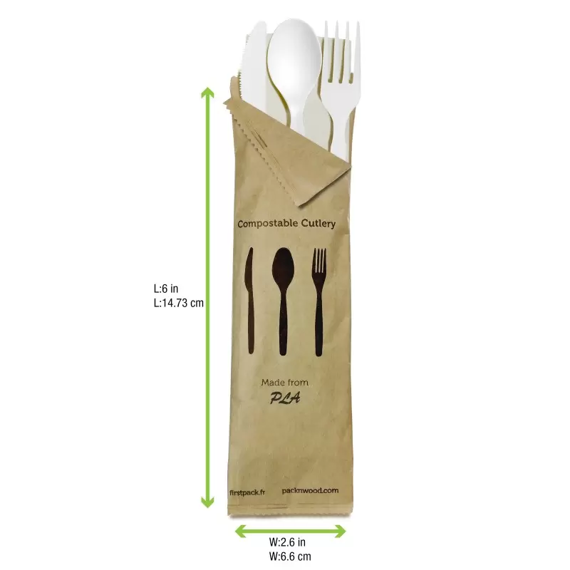 PacknWood Compostable White 4-1 Cutlery Kit With Kraft Bag (Knife, Fork, Spoon, Napkin) - 6'' - 250 pcs