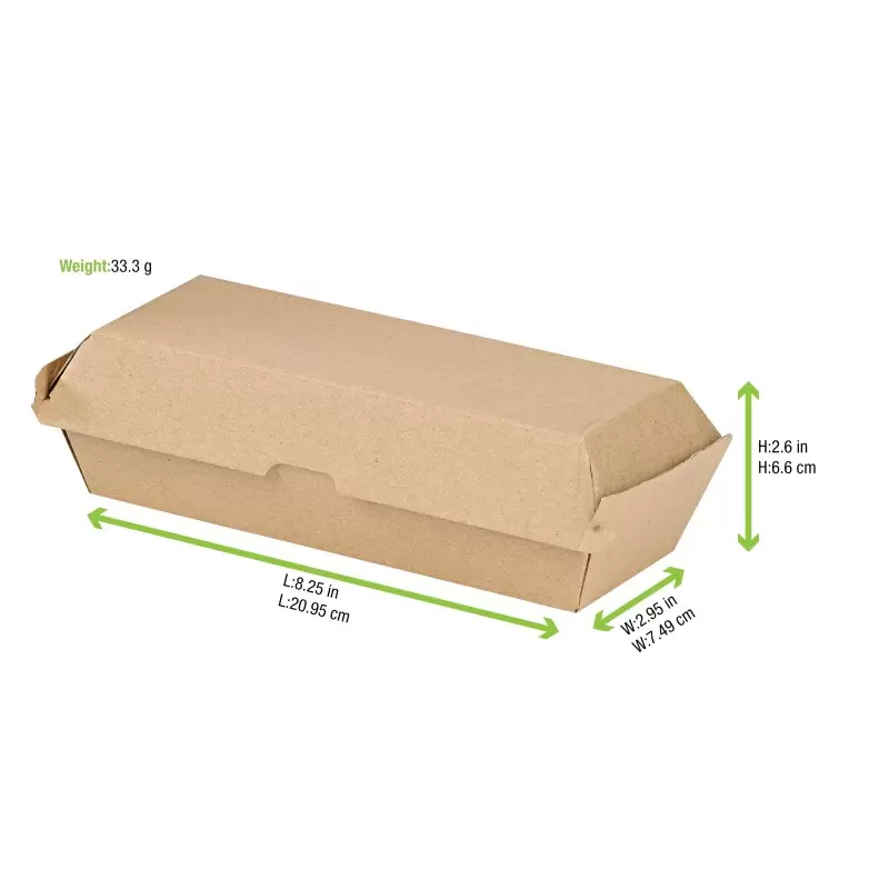 PacknWood Kraft Corrugated Hot Dog Clamshell Take Out Box - L:8.2'' W:2.95'' H:2.75'' - 200 pcs