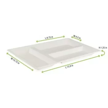 PacknWood Eco-Design White Sugarcane Compartment Tray - 15.7 x 10.6 x 1.1'' - 150 pcs