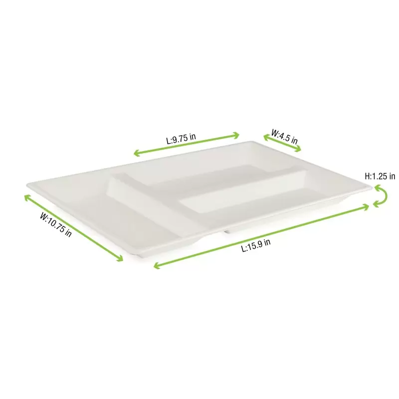 PacknWood Eco-Design White Sugarcane Compartment Tray - 15.7 x 10.6 x 1.1'' - 150 pcs