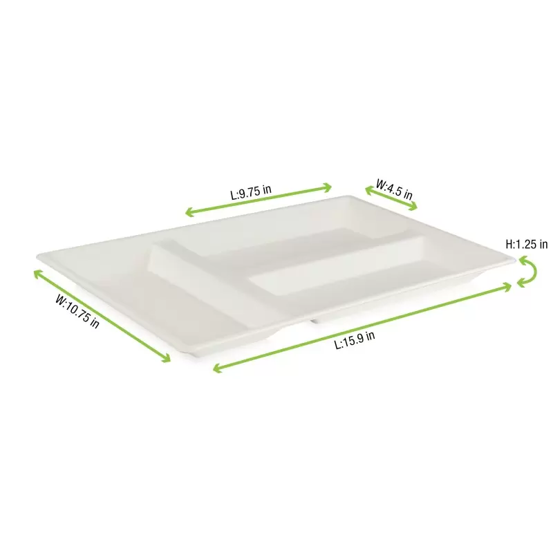 PacknWood Eco-Design White Sugarcane Compartment Tray - L:15.87'' W:10.75'' H:1.1'' - 100 pcs