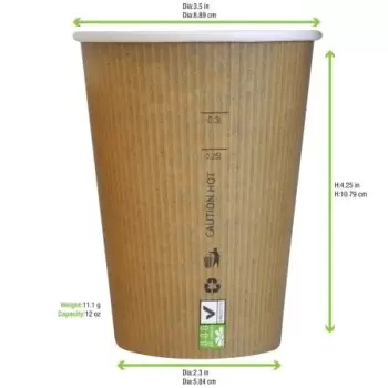 PacknWood Compostable Paper Cup Single Wall - 12oz Diam.3.5'' H:4.4'' - 1000 pcs