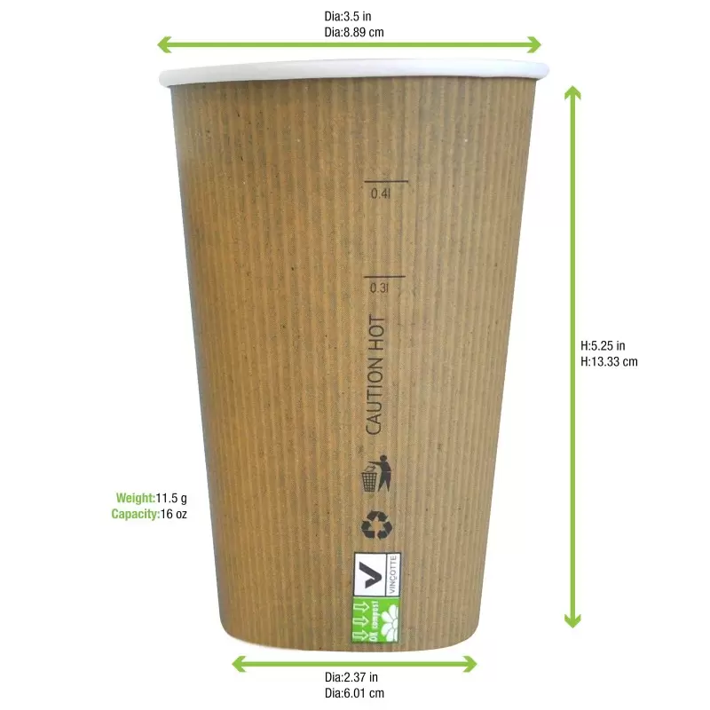 PacknWood Compostable Paper Cup Single Wall - 16oz Diam.3.5'' H:5.3'' - 1000 pcs