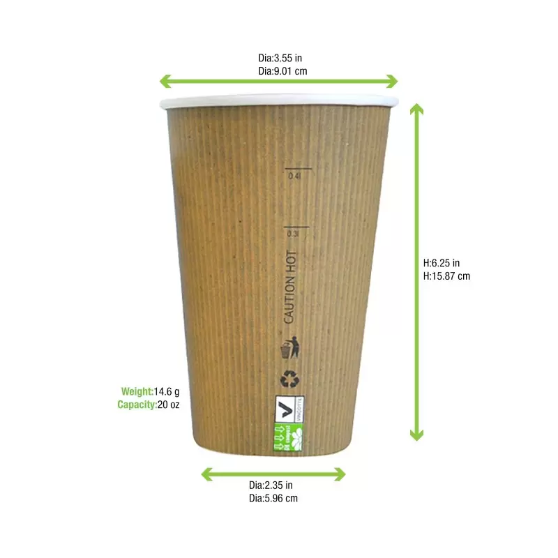 PacknWood Compostable Paper Cup Single Wall - 20oz Diam.3.5'' H:6.3'' - 500 pcs