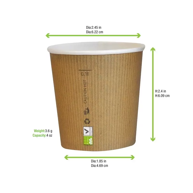 PacknWood Compostable Paper Cup Single Wall - 4oz Diam.2.4'' H:2.4'' - 1000 pcs