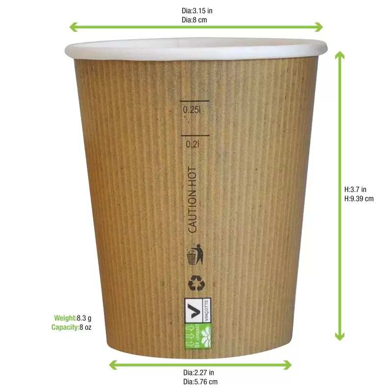 PacknWood Compostable Paper Cup Single Wall - 8oz Diam.3.1'' x H:3.6'' - 1000 pcs