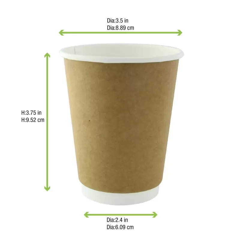 PacknWood Double Wall Kraft Compostable Paper Cup - H:3.75'' - 500 pcs