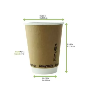 PacknWood Double Wall Kraft Compostable Paper Cup - 12oz Diam.3.5'' H:4.3'' - 500 pcs