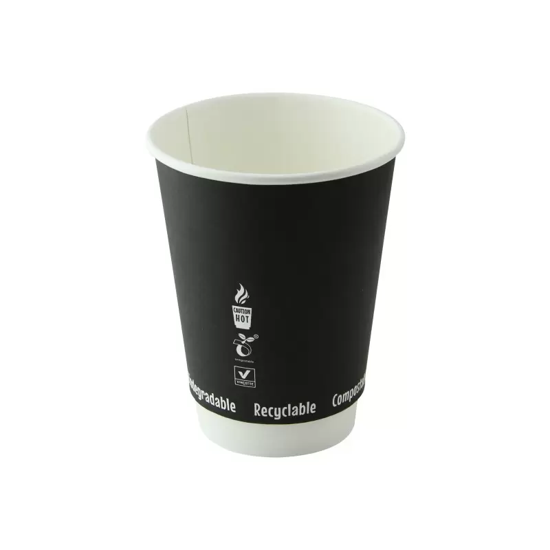 PacknWood Double Wall Black Compostable Paper Cup - 12oz Diam.3.5'' H:4.3'' - 500 pcs