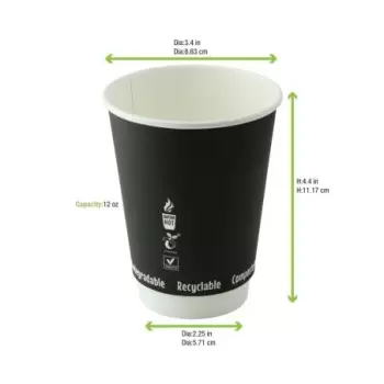 PacknWood Double Wall Black Compostable Paper Cup - 12oz Diam.3.5'' H:4.3'' - 500 pcs