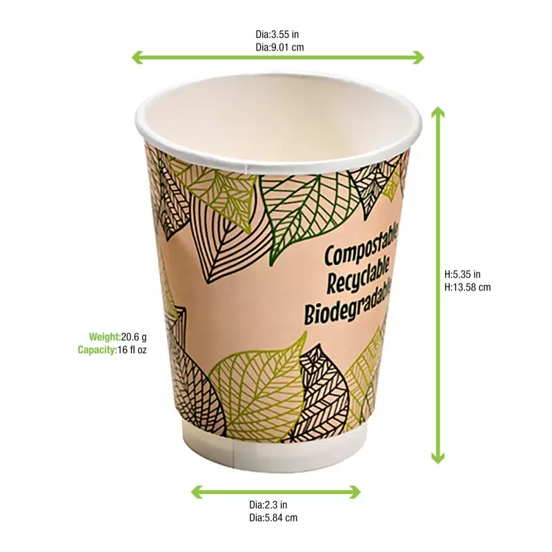 PacknWood Double Wall Compostable Paper Cup - 16oz Diam.3.5'' H:5.4'' - 500 pcs