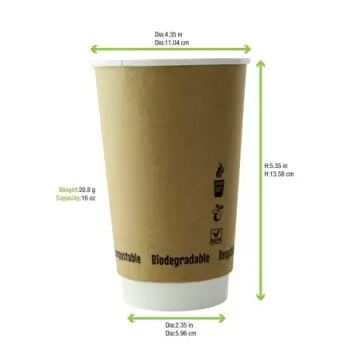 PacknWood Double Wall Kraft Compostable Paper Cup - 16oz Diam.3.5'' H:5.4'' - 500 pcs