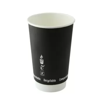 PacknWood Double Wall Black Compostable Paper Cup - 16oz Diam.3.5'' H:5.4'' - 500 pcs