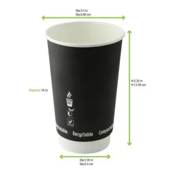 PacknWood Double Wall Black Compostable Paper Cup - 16oz Diam.3.5'' H:5.4'' - 500 pcs