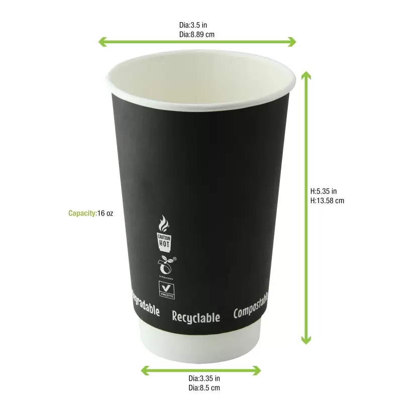 PacknWood Double Wall Black Compostable Paper Cup - 16oz Diam.3.5'' H:5.4'' - 500 pcs