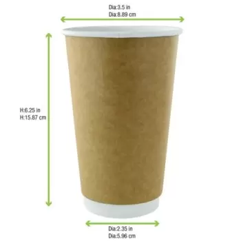 PacknWood Double Wall Kraft Compostable Paper Cup - 20oz Diam.3.5'' H:6.3'' - 500 pcs