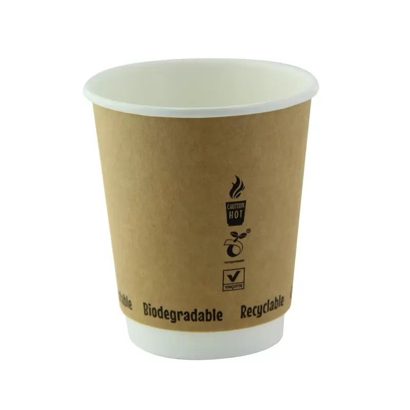 PacknWood Double Wall Kraft Compostable Paper Cup - 8oz Diam.3.15'' H:3.5'' - 500 pcs