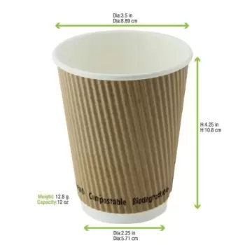 PacknWood Compostable Rippled Kraft Cup - 12oz Diam.3.5'' H:4.25'' - 500 pcs