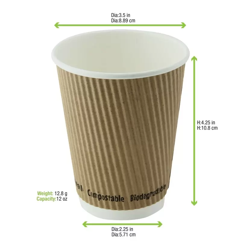 PacknWood Compostable Rippled Kraft Cup - 12oz Diam.3.5'' H:4.25'' - 500 pcs