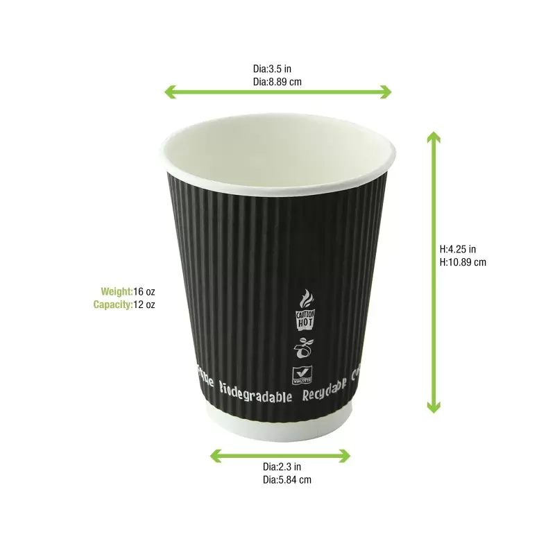 PacknWood Compostable Rippled Black Cup - 12oz Diam.3.5'' H:4.25'' - 500 pcs