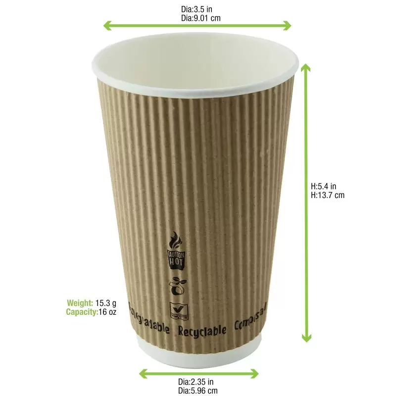 PacknWood Compostable Rippled Kraft Cup - 16oz Diam.3.5'' H:5.4'' - 500 pcs