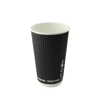 PacknWood Compostable Rippled Black Cup - 16oz Diam.3.5'' H:5.4'' - 500 pcs