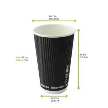 PacknWood Compostable Rippled Black Cup - 16oz Diam.3.5'' H:5.4'' - 500 pcs