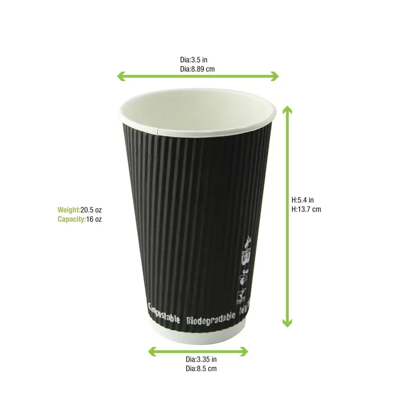 PacknWood Compostable Rippled Black Cup - 16oz Diam.3.5'' H:5.4'' - 500 pcs