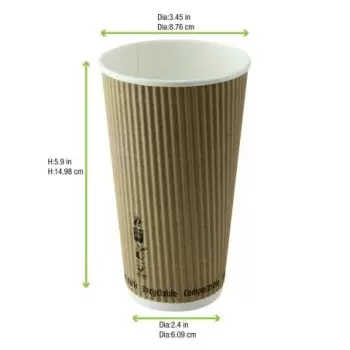 PacknWood Compostable Rippled Kraft Cup - 20oz Diam.3.5'' H:6.1'' - 500 pcs