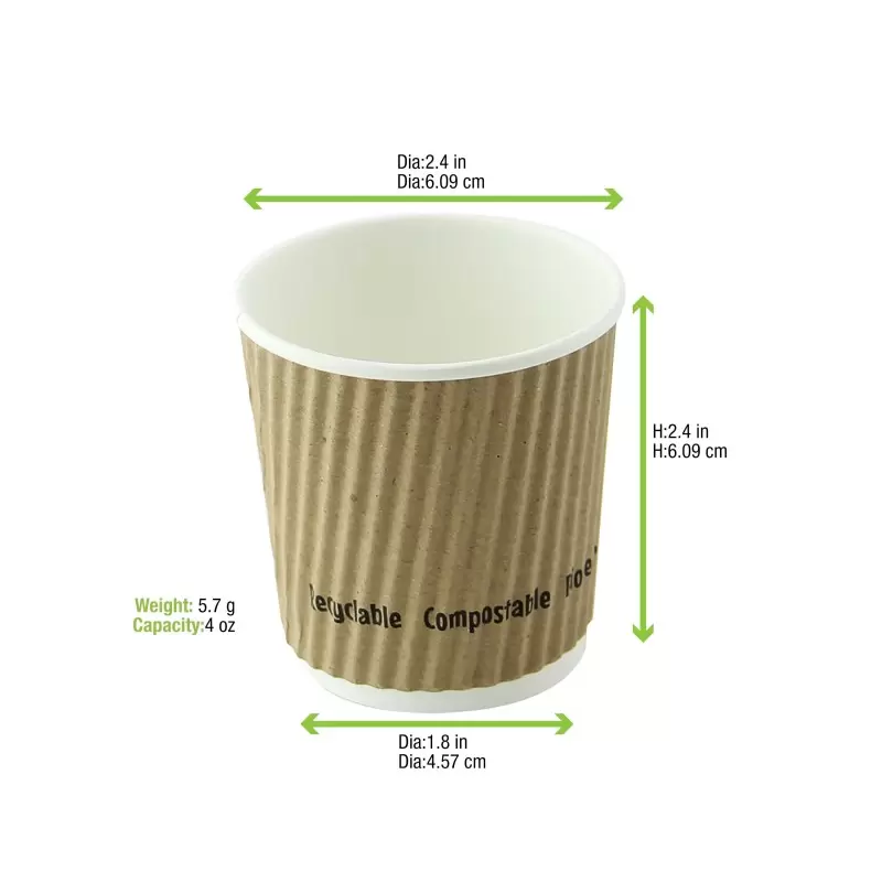 PacknWood Compostable Rippled Kraft Cup - 4oz Diam.2.4'' H:2.4'' - 1000 pcs