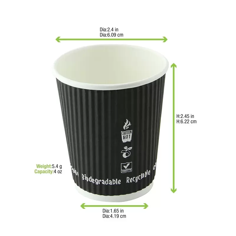 PacknWood Compostable Rippled Black Cup - 4oz Diam.2.4'' H:2.4'' - 1000 pcs