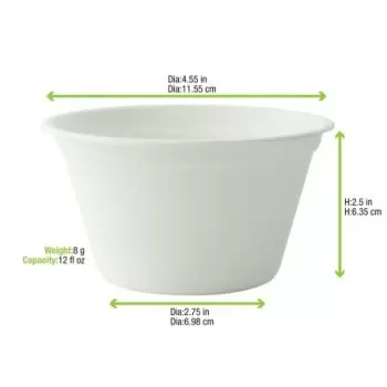 PacknWood White Sugarcane Takeout Bowl - 12oz Diam.4.3'' - 500 pcs