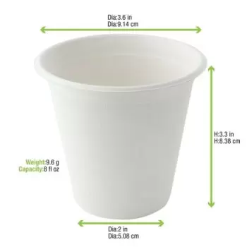 PacknWood White Sugarcane Cup - 8oz Diam.3.15'' - 1000 pcs