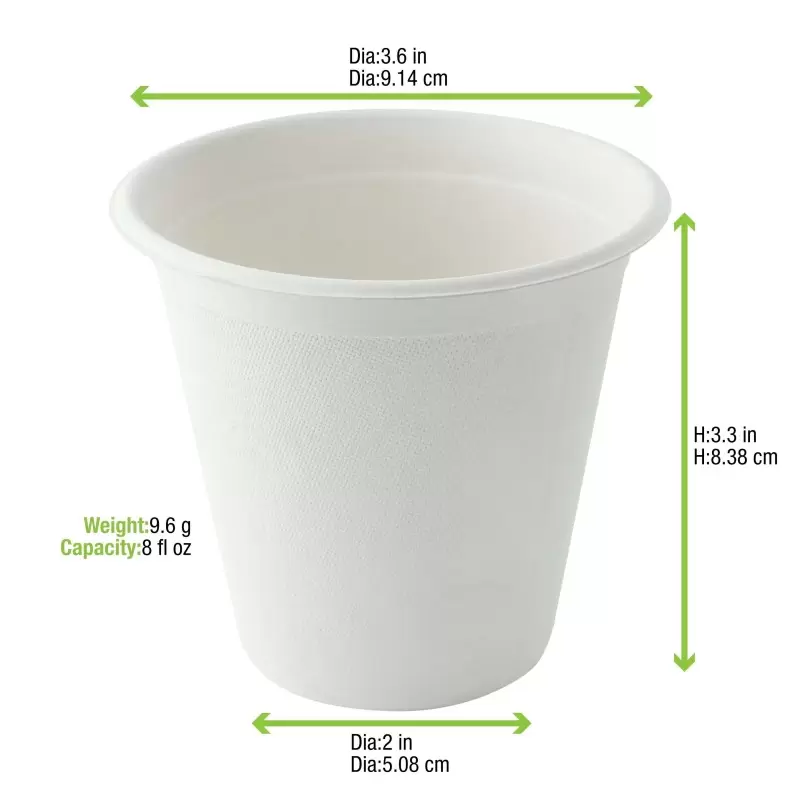 PacknWood White Sugarcane Cup - 8oz Diam.3.15'' - 1000 pcs