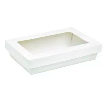 PacknWood Rectangular White Kray Boxes With Pet Window Lid - 50oz 8.8 x 6.1 x 2'' - 200 pcs