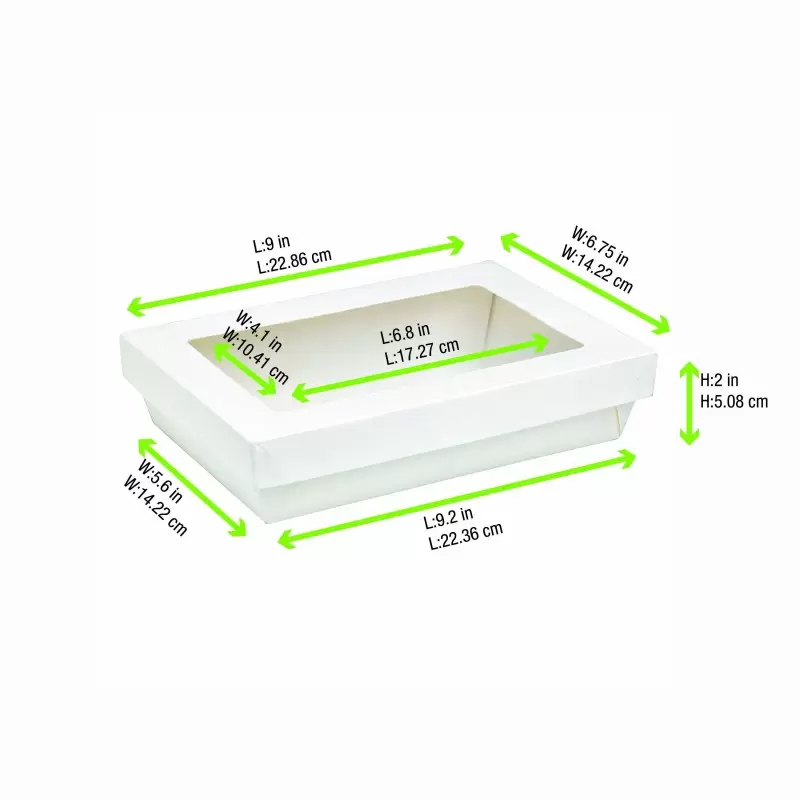 PacknWood Rectangular White Kray Boxes With Pet Window Lid - 50oz 8.8 x 6.1 x 2'' - 200 pcs