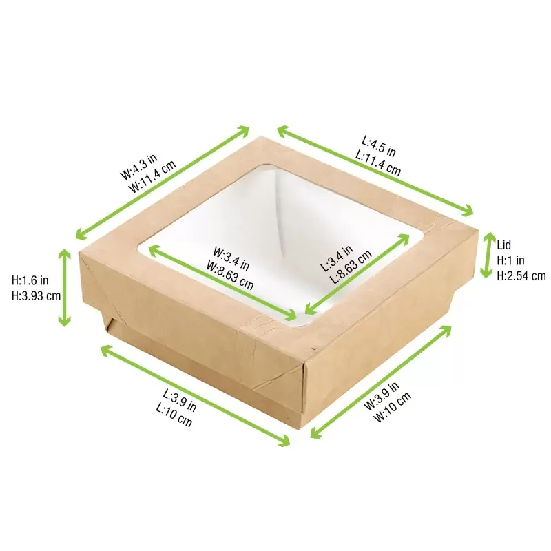 PacknWood Kraft Kray Boxes With Pet Window Lid - 12oz 3.9 x 3.9 x 1.6'' - 250 pcs