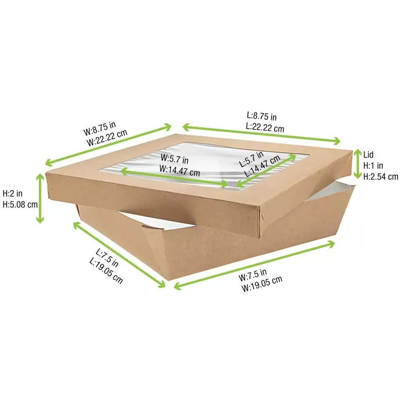 PacknWood Kraft Kray Boxes With Pet Window Lid - 60oz 7.1 x 7.1 x 2'' - 200 pcs