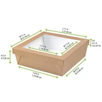 PacknWood Kraft Kray Boxes With Pet Window Lid - 102oz 9.8 x 9.8 x 2'' - 100 pcs