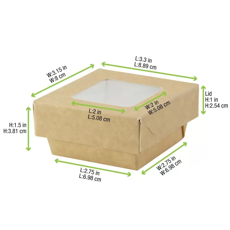 PacknWood Kraft Kray Boxes With Pet Window Lid - 7oz 2.8 x 2.8 x 1.6'' - 250 pcs